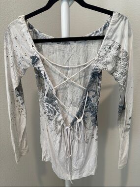 Long Sleeve Open Back Boatneck Printed Women's Dress in White and Gray